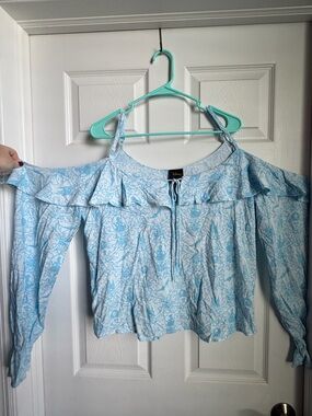 Disney Women's Light Blue Off-Shoulder Ruffle Top